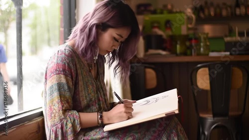 Young woman drawing in sketchbook by window inside cafe creative hobby art design process