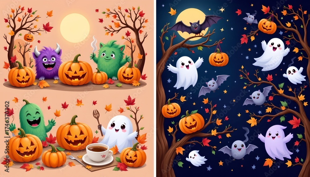 Fototapeta premium Whimsical Halloween Scene with Cartoon Monsters and Spooky Elements