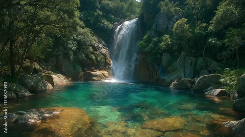 Medium shot of a waterfall cascading into a crystal-clear pool, sunlight illuminating rainbow mist, glowing vibrant greens of surrounding foliage.