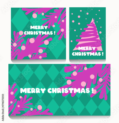 Abstract Geometric Christmas & New Year Design set: Templates for greeting cards, posters, social media covers, and web backgrounds with modern typography.