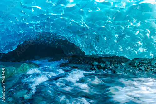Crystal-blue ice cave interior under Vatnajökull Glacier, Iceland, with a rushing meltwater stream, capturing natural textures, frozen tones, and the hidden elegance of glacial wilderness.