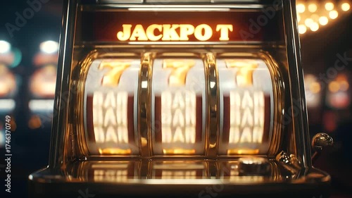 Medium shot of jackpot slot machine glowing, reels aligned on golden seven symbols, bright casino atmosphere.