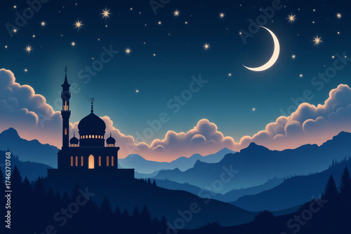 Ramadan background with crescent, stars and glowing clouds above mosque on mountains.