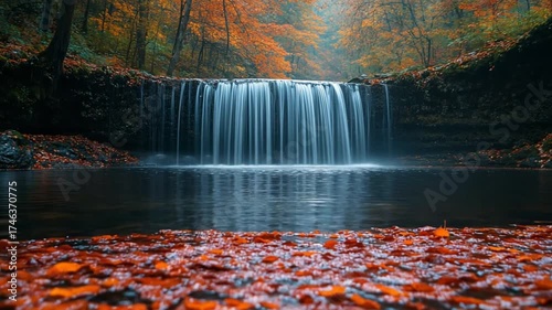 Beautiful Waterfall in Autumn Forest with Colorful Leaves.