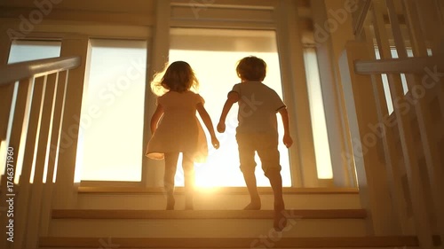 Medium view of children running upstairs in new house, sunlight glowing through wide windows.