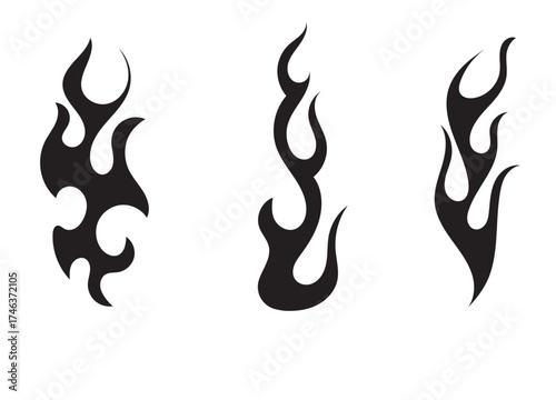 Flame decal icon. Tribal flame tattoo shapes vector . Black tribal flame vector icons set showing stylized fire shapes, ideal for tattoos, decals, or graphic design decoration elements.

