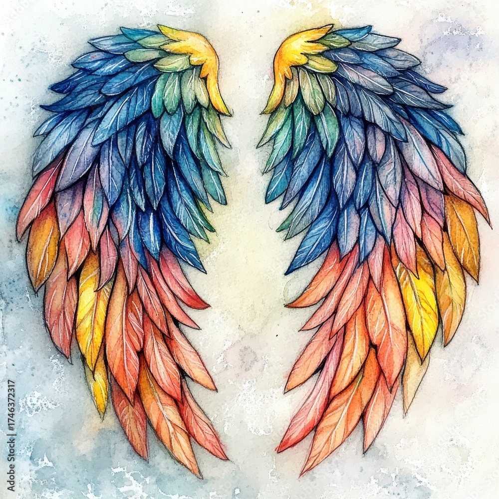 Obraz premium A stunning illustration of colorful watercolor wings filled with vibrant feathers. Perfect representation of creativity, beauty, and freedom in art and design.