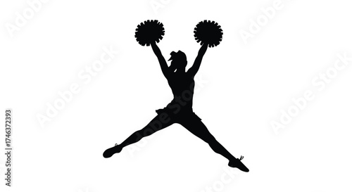 Silhouette of energetic cheerleader jumping with pom-poms high in dynamic pose celebrating athleticism and school spirit