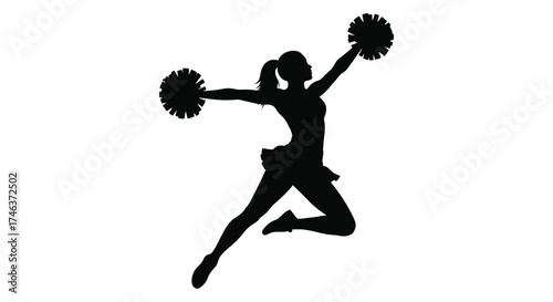 Dynamic silhouette of a cheerleader in mid-air jump with pom-poms for high-energy sports and performance
