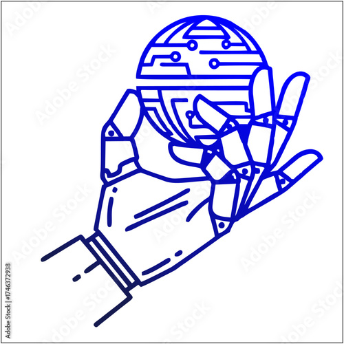 A blue outline illustration of a robotic hand gently holding a sphere with intricate circuit board patterns, symbolizing technology and global connectivity.