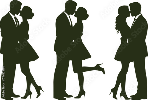 silhouette of romantic couple kissing and embracing, man and woman in love standing close together, affectionate relationship illustration representing romance and passion on white background