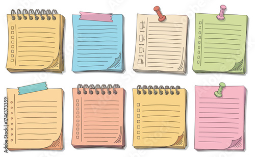 Collection of eight colorful lined paper sticky notes with thumbtacks and clips