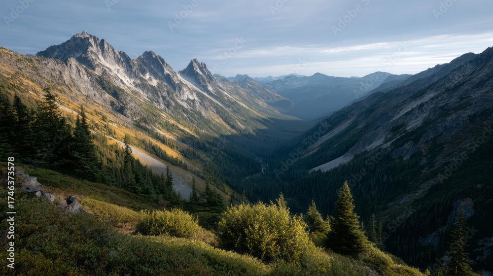 Fototapeta premium Mystical alpine vista bathed in silvery dawn light, perfect for Waldtreiben Festival and mystical storytelling retreats