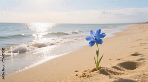 A vibrant blue flower stands alone on the sandy beach, symbolizing resilience and beauty amidst nature's simplicity