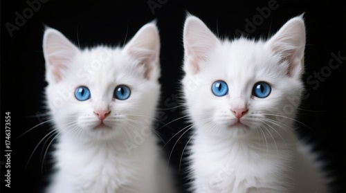  two white kittens with blue eyes looking at the camera against a black background