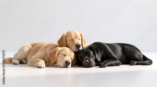  three golden retriever puppies sleeping peacefully on a white surface The puppies are animated, giving the image a lively and cheerful atmosphere