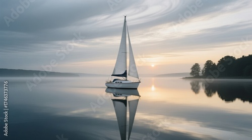 A sailboat glides through calm waters under a tranquil sunrise