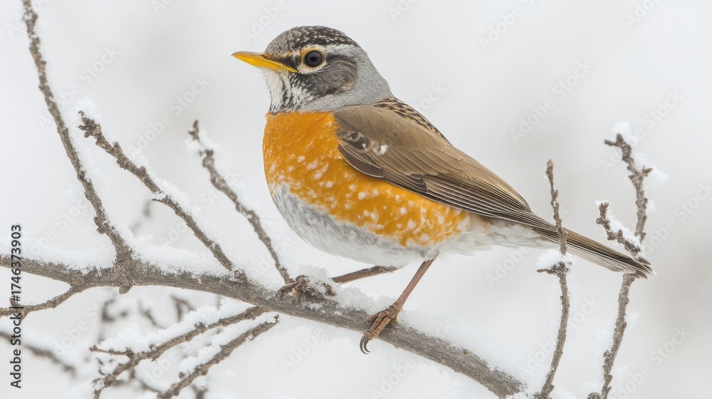 Fototapeta premium Majestic Robin Perched on a Snowy Branch, Capturing the Serenity of Winter s Embrace.