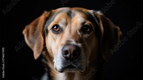  a close up of a brown and black dog looking at the camera against a black background