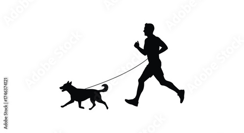 Active silhouette of a person running with a dog on a leash outdoor recreation fitness concept