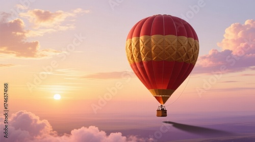  a hot air balloon flying in the sky at sunset, with the sun and clouds in the background The balloon is in the center of the image, with a parachute trailing behin