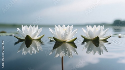  three white water lilies floating on top of a body of water, with their leaves still attached to the stem The background is slightly blurred, giving the image a dr