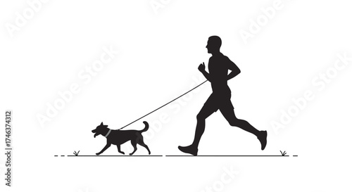 Silhouette of man running with dog on leash outdoors enjoying a healthy active lifestyle activity