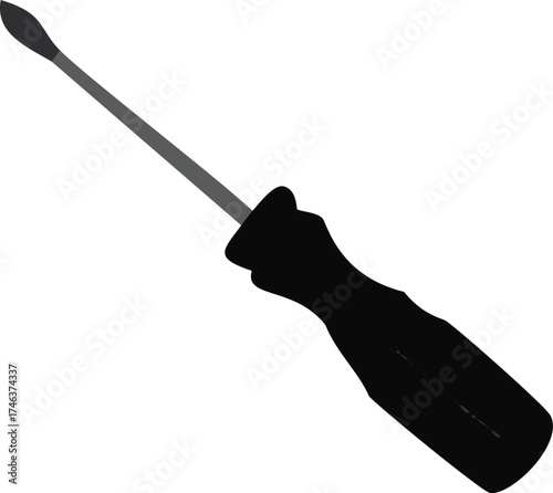 Single black screwdriver with a gray shaft on a white background Keywords: screwdriver, tool