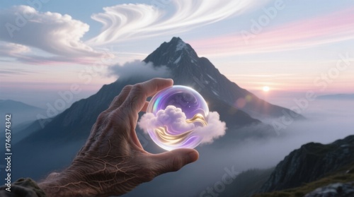 Hand holding a crystal ball against the backdrop of a majestic mountain and vibrant sunrise, symbolizing vision and anticipation