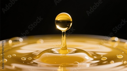  a single drop of oil on a black background, creating a striking contrast between the golden hue of the oil and the darkness of the background The oil droplet is su