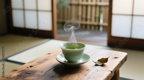  a cup of green tea sitting on top of a wooden table, with a saucer and a leaf beside it In the background, there is a wooden fence and a plant, creating a peaceful