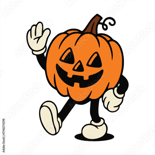 Waving Jack-O'-Lantern Retro Halloween Pumpkin Mascot