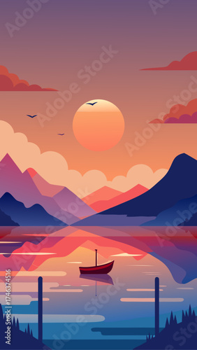 Illustration of boat on lake with mountains sunset