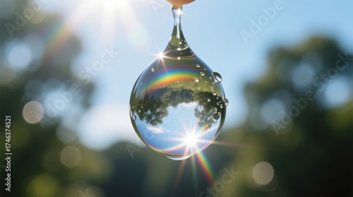  a person holding a drop of water with a rainbow in the background, surrounded by trees and a clear blue sky The water droplet is suspended in mid-air, creating a b