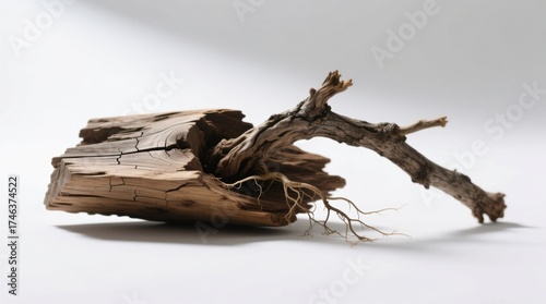  a piece of driftwood on a white surface with its roots visible The driftwood is a light brown color and the roots are a darker brown The background is a bright wh