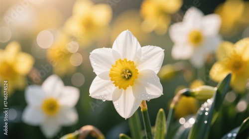  a field of white and yellow daffodils with water droplets glistening on their petals, set against a blurred background