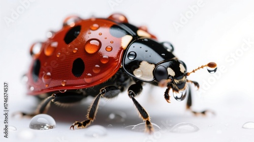 Close-up of a ladybug with dewdrops, symbolizing nature's delicate beauty and resilience
