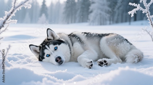 A Husky's Winter Bliss in the Frosty Forest