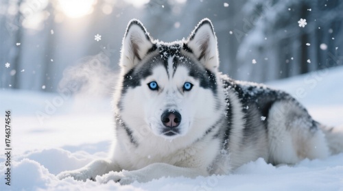  a husky dog with blue eyes laying in the snow, surrounded by a wintery landscape of trees covered in snowflakes The background is slightly blurred, giving the imag