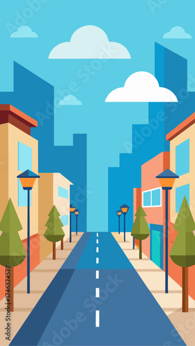 Cartoon city street with buildings and streetlights