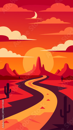 Desert landscape with road sun and cactus scenery