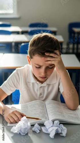 A young student is struggling with his homework in the classroom today
