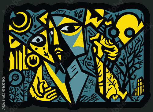 Vivid cubist composition with expressive faces in geometric style. Perfect for art prints, interior design, or modern branding.