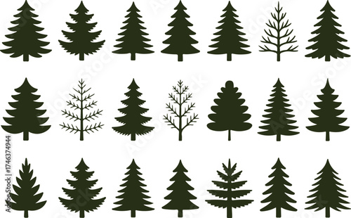 collection of pine tree silhouettes set, various conifer forest tree shapes and evergreen spruce icons, black vector illustration of nature elements for landscape, design, and decoration concepts