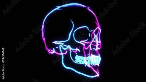 Rotating Neon Skull with Glitch Effect, Abstract 4K VJ Loop for Halloween Party and Cyberpunk Themes, Seamless Animation