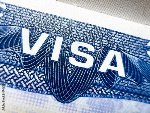 US visa, Visa in passport, fee for US visa, tour of the USA, airport, customs, checkpoint, illegal immigrants, closed borders, nationality H-1B visa. Macro photo. High quality photo