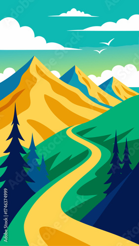 Illustration of a scenic mountain landscape with path