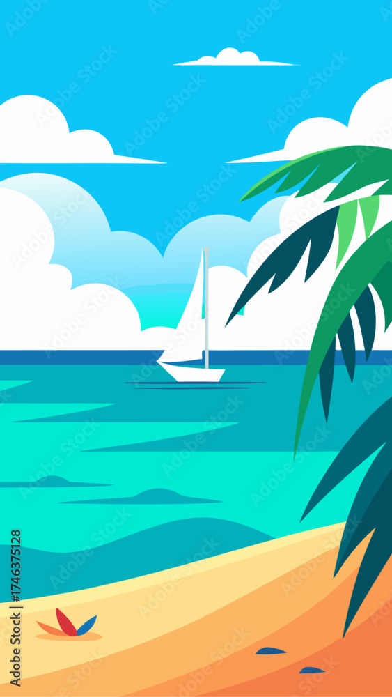 Fototapeta premium Sailboat sailing on ocean near tropical beach view