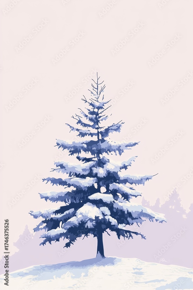 Fototapeta premium Snow covered pine tree stands alone on a hill
