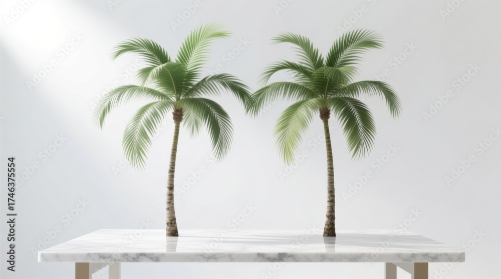 Fototapeta premium Minimalist palm trees on a marble table, symbolizing tranquility and modern elegance